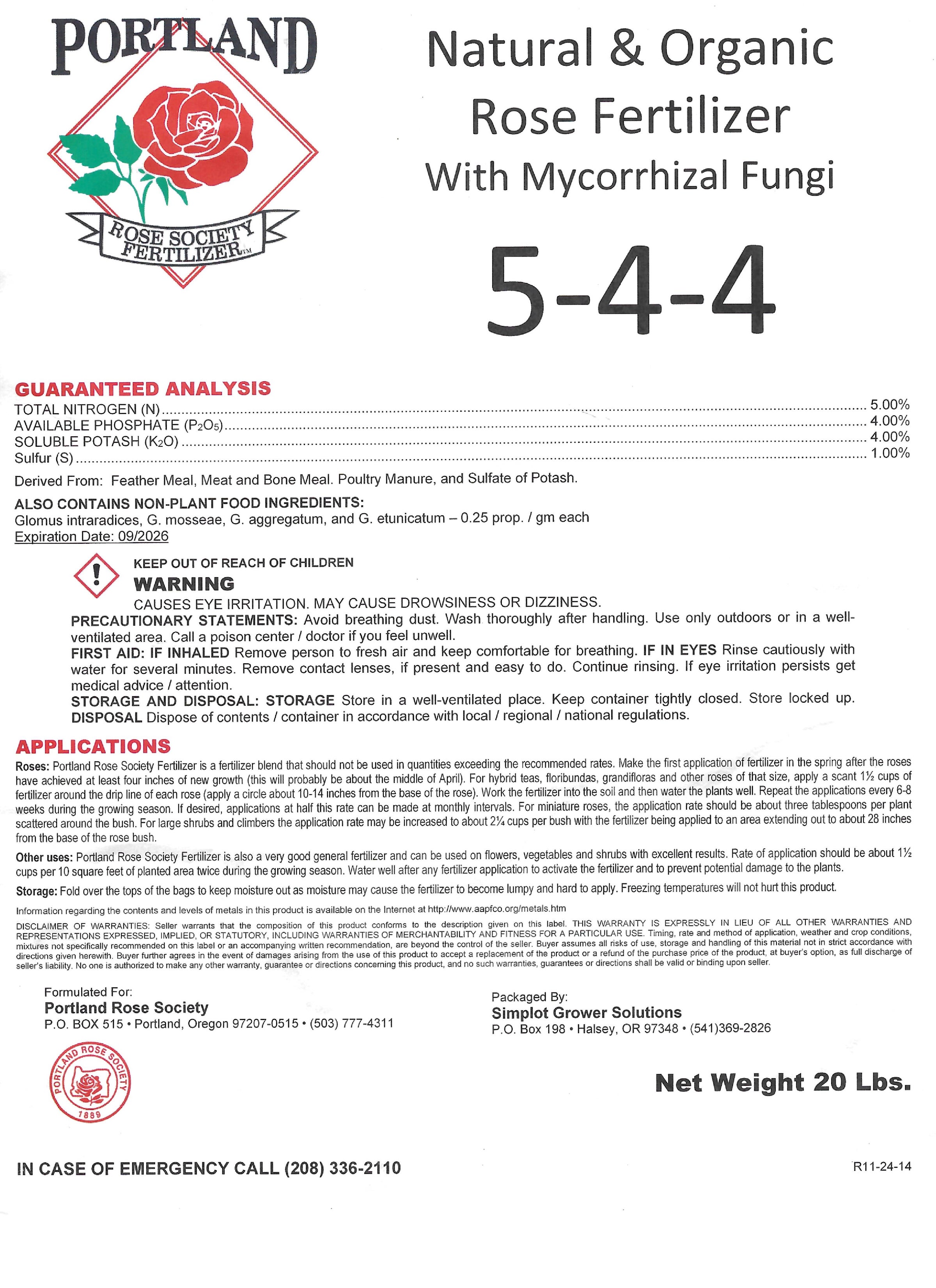 FERTILIZER - 20LB 5-4-4 Rose Society Organic Pelleted | Portland